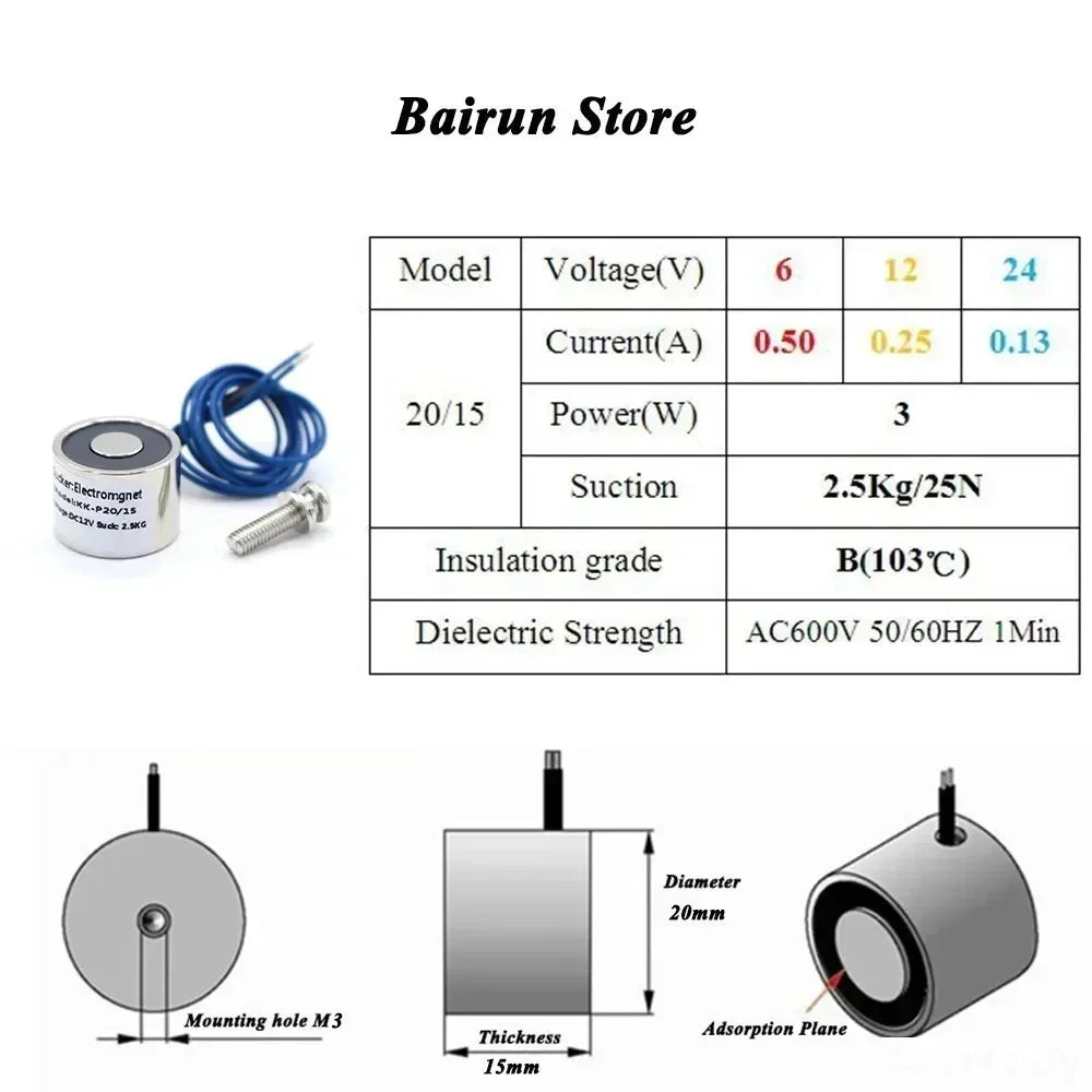 20/15 suction 2.5KG 25N mini electromagnet solenoid 12v electromagnet 12 volt small electro magnet 24V coil 6V electric magnet