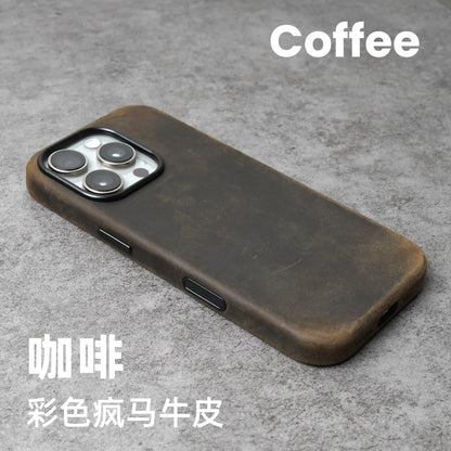 YMW Scratc Crazy Horse Genuine Leather Case for iPhone 17 16 15 Pro Max Magnetic PULL-UP Cowhide Phone Cover