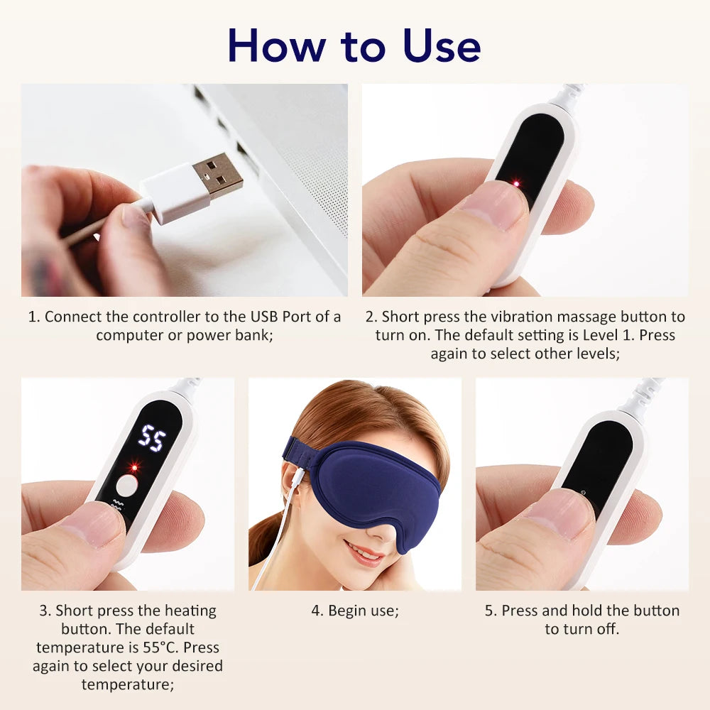 New Heated Eye Mask with 5-Level Hot Compress 6 Vibration Modes 3D Massage Sleep Shading Warm Mask Eye Compress for Relaxation
