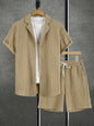 Men's Sophisticated Pleated Set Khaki Textured Cuban Collar Shirt & Elastic Waist Shorts 2 Piece Commute Outfit