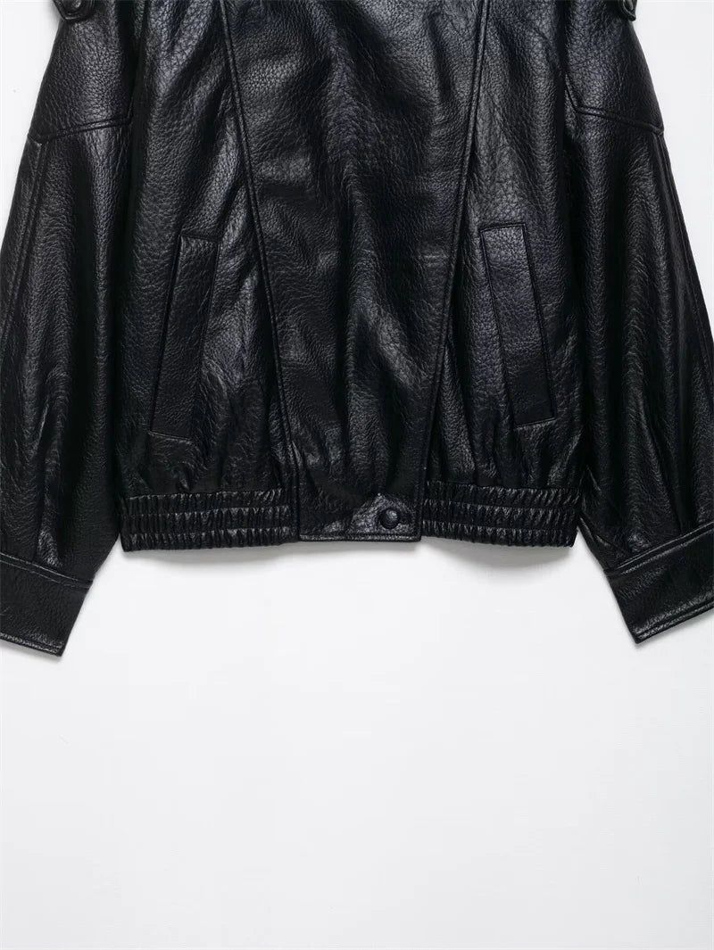 Women's Faux Leather Jacket 2025 New Fashion Autumn Black Long Sleeve Pebble Jacket Motorcycle Style Personality Ladies Jacket