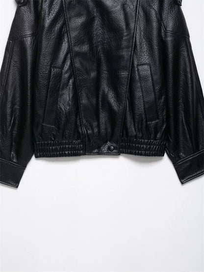 Women's Faux Leather Jacket 2025 New Fashion Autumn Black Long Sleeve Pebble Jacket Motorcycle Style Personality Ladies Jacket