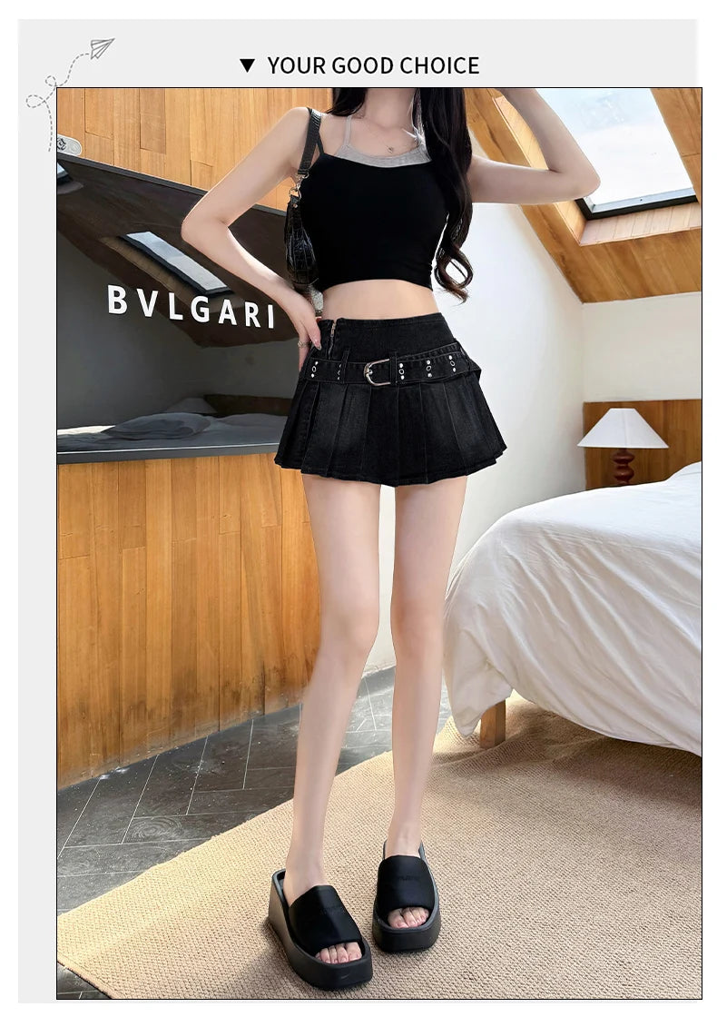 Sweet Sxey Denim Cake Skirt Women Retro Hight Waist A Line Mini Skirt Female Korean Fashion Casual Streetwear Pleated Skirt Y2K