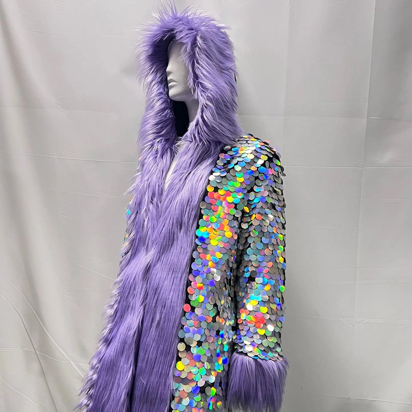 Patchwork Women Hooded Faux Fur Coat Fox Fur Long Sleeve Thick Warm Fur Outerwear Spliced Party Stage Loose Fit Sequined
