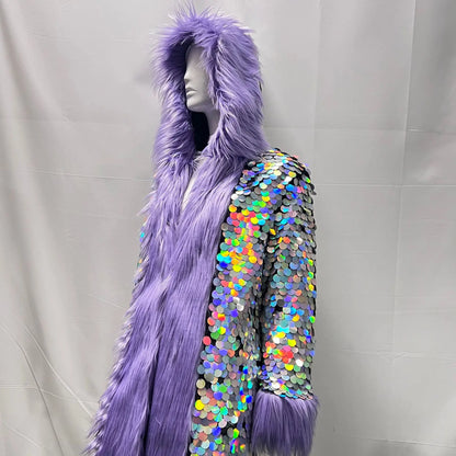 Patchwork Women Hooded Faux Fur Coat Fox Fur Long Sleeve Thick Warm Fur Outerwear Spliced Party Stage Loose Fit Sequined