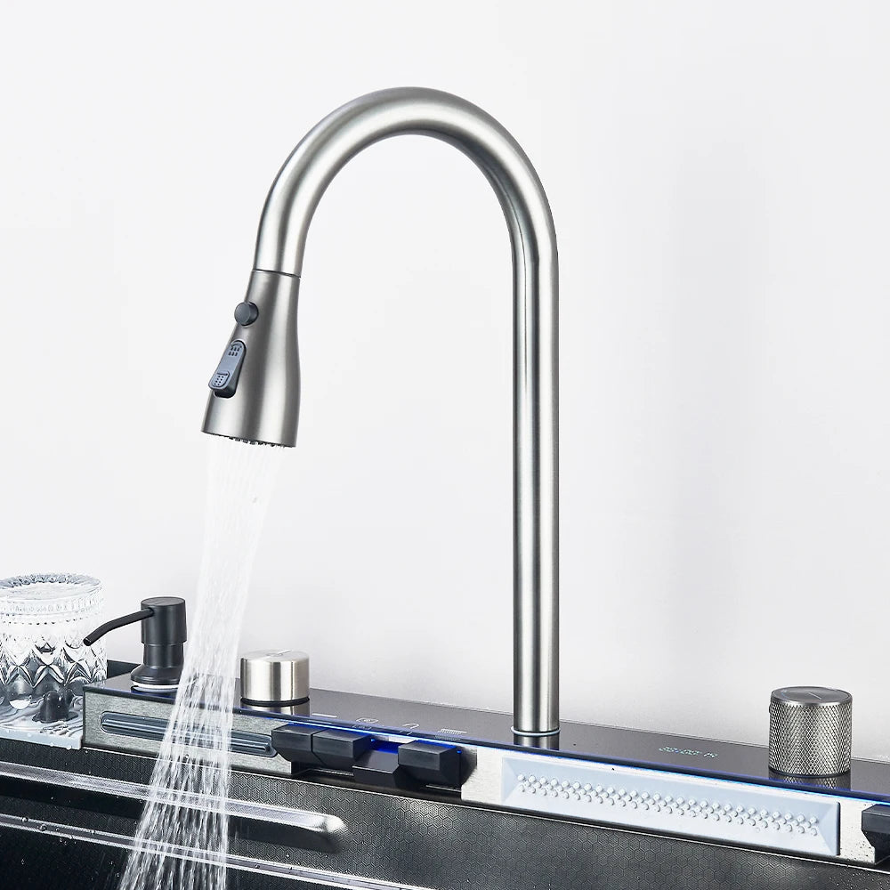 304 Stainless Steel Kitchen Waterfall Sink Digital Display Large Single Sink Dish Basin Sink With Multifunction Touch Waterfall