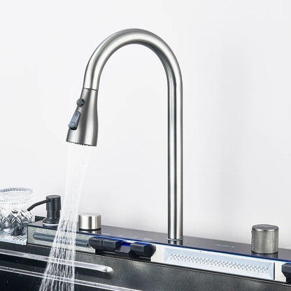 304 Stainless Steel Kitchen Waterfall Sink Digital Display Large Single Sink Dish Basin Sink With Multifunction Touch Waterfall