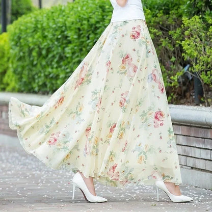 PTKPCC New Chiffon Floral Maxi Summer Skirt Women Long High Waist Holiday Dance Skirt Elegant Beach Boho Hot Sale  Skirts