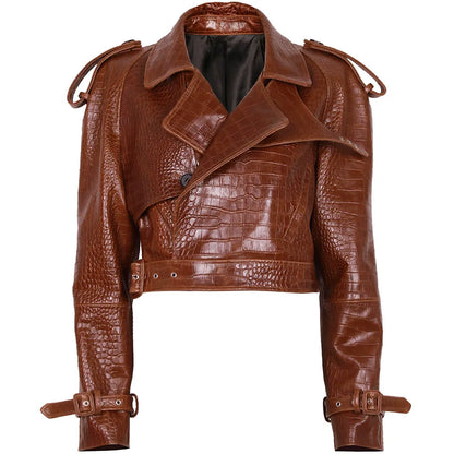 YOLOAgain Wide Shoulder Real Leather Jacket Women Oversized Genuine Leather Cropped Jacket