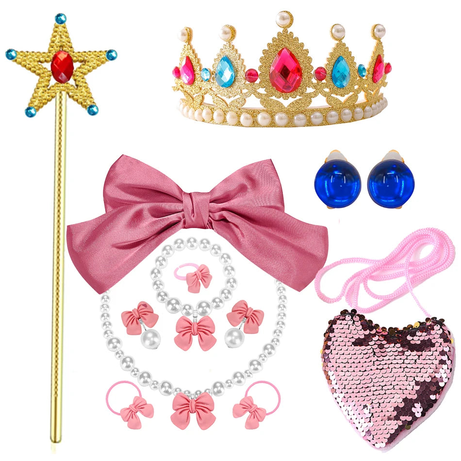 Peach Princess Costume with LED Color Light Toddler Birthday Game Role Play Dress Girl Halloween Festival Gown Pink Lace 4-8 Y