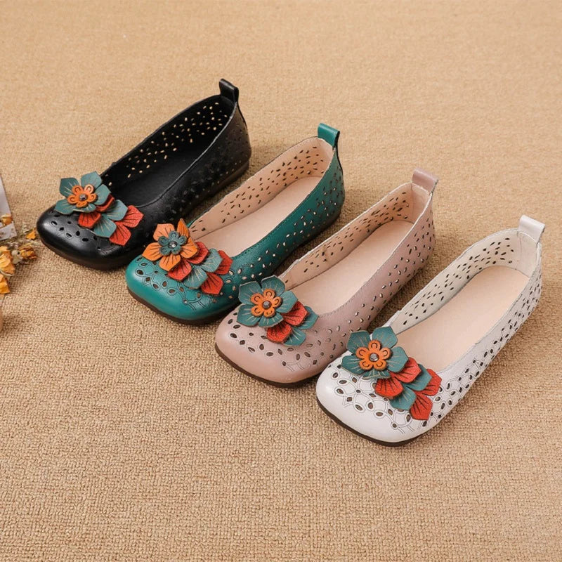 Vintage Flower Moccasins Woman Genuine Leather Ballet Flats Ladies Hollow Slip Ons Women's Luxury Loafer Purple Walking Shoes 42