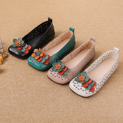 Vintage Flower Moccasins Woman Genuine Leather Ballet Flats Ladies Hollow Slip Ons Women's Luxury Loafer Purple Walking Shoes 42