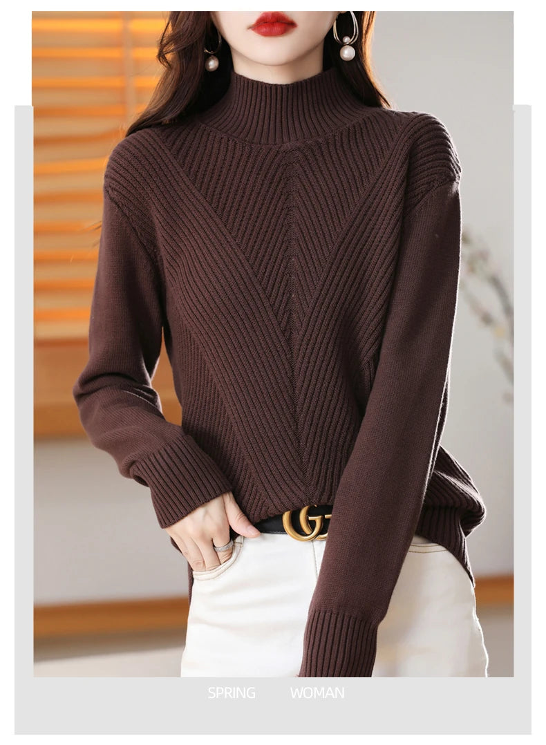 Women 100% Cotton Knit Sweater Half-high Collar Stripe Pullover Autumn Winter Thickened Bottoming Clothing Casual Knitted Tops