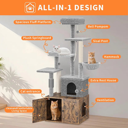 Garvee 2-in-1 Wooden Cat Tree with Hidden Litter Box Enclosure, Multi-Level Cat Tower with Scratching Posts, Cat Condo, Platforms & Hammock, Indoor Cat Washroom Furniture, Brown