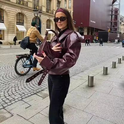 Vintage Lapel Leather Biker Jacket Women Bomber Jacket Short Coat Streetwear Zip Long Sleeve Windproof Outerwear Black Wine Red