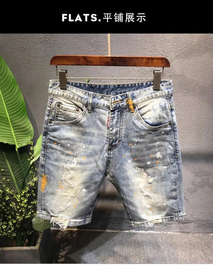 Summer Trendy Brand Handsome Denim Shorts Men's Washed Embroidered Patch Trendy Short Pants Ripped Slim-fit Elastic Middle Pants