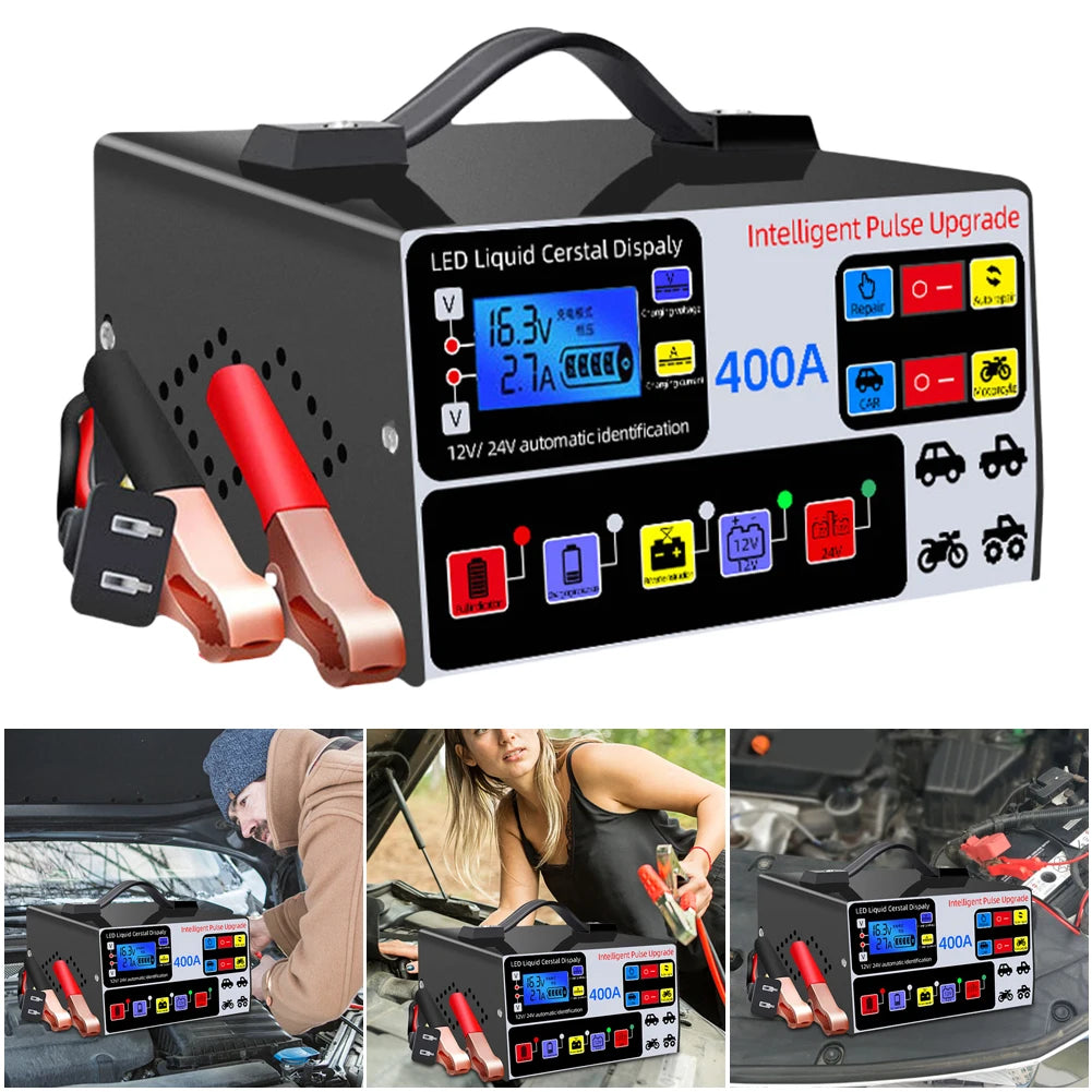 400A Intelligent Pulse Repair Charger Battery High Power Fast Charger 12V/24V Five-Stage Full Automatic Car Battery Charger 220W