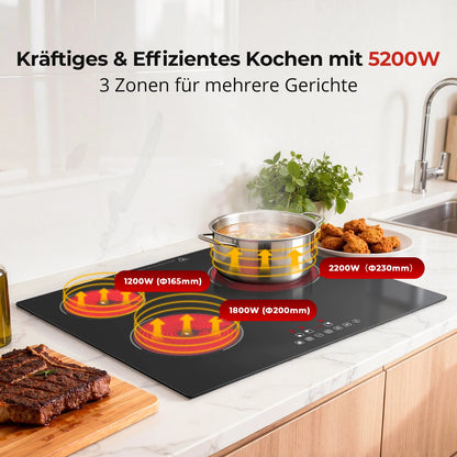 6000W Built-in Ceramic Hob, 4 Zone Induction Cooktop with Touch Control, 9 Power Levels, Timer & Child Lock, 60cm Black Glass
