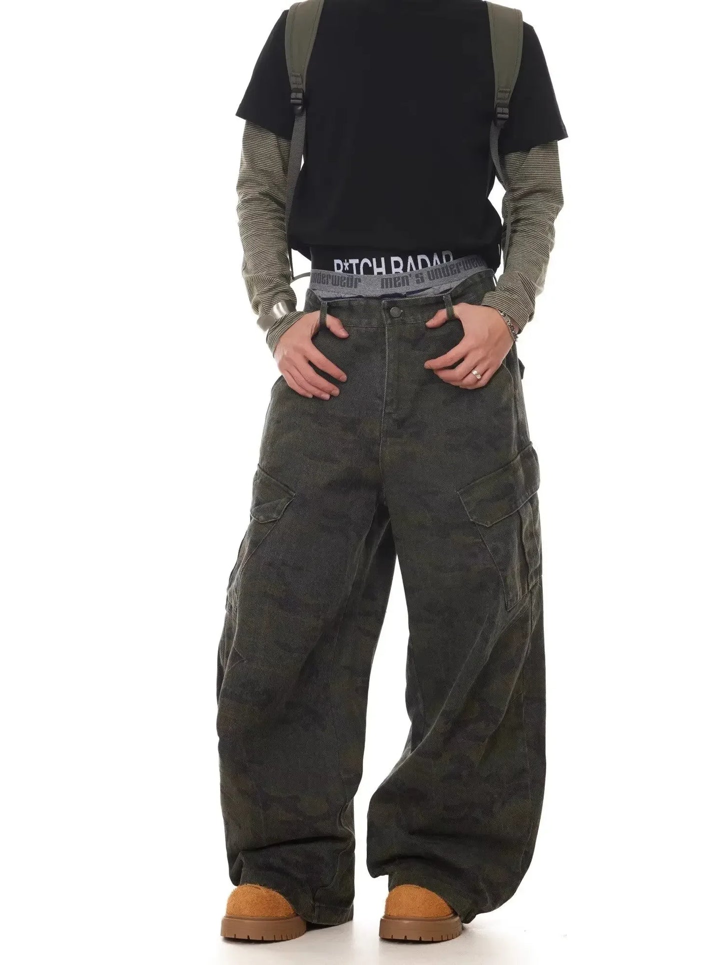 American Retro Multi-pocket Camouflage Silhouette Scimitar Jeans Niche Baggy Wide-leg Sickle Casual Pants Hoodies Men's Clothing