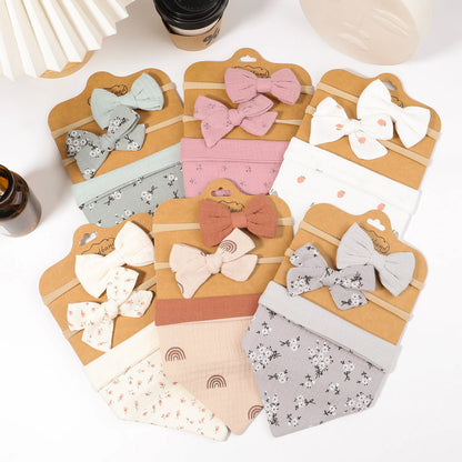 3Pcs/Set Muslin Cotton Print Bib Newborn Bows Headband Triangle Saliva Towel Infant Boy Girl Feeding Burp Baby Hair Accessories