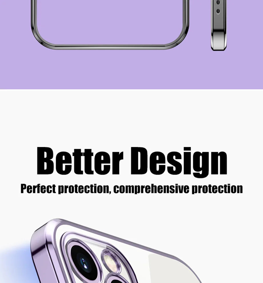 Luxury Plating Square Frame Silicone Transparent Case on For iPhone 11 12 13 14 15 Pro Max X XR XS Max 7 Plus Clear Back Cover