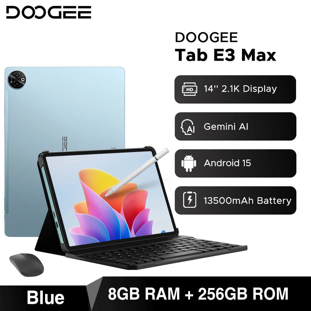 Global Version DOOGEE Tab E3 Max Tablet PC Android 15 Gemini AI 14'' 2.1K Screen 8GB RAM 256GB 13500mAh Large Battery Smart Pad