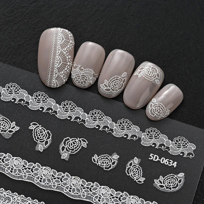 2pcs Y2K White Lace 5D Nail Art Stickers White Embossed Flowers Petals Elegant French Decals Wedding Nails Manicure Decorations*