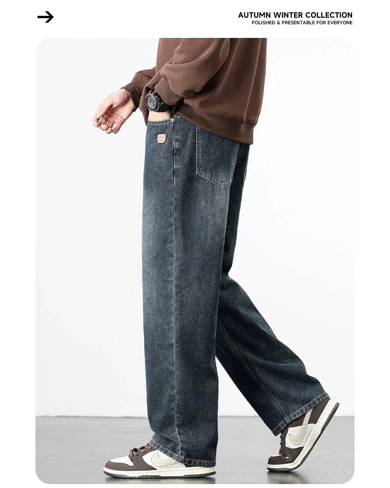 Spring Autumn American Retro Straight Jeans Men Streetwear Korean Fashion Loose Baggy Wide Leg Denim Pants Male Casual Trousers