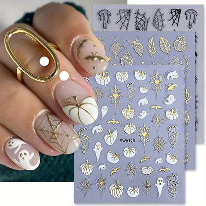 3pcs Metal Spooky Pumpkin Nail Art Stickers Glitter Spiders Web Maple Leaf Adhesive Decals French Halloween Foils Manicure Tips