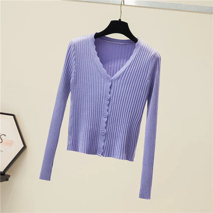 Women Ribbed Crew Neck Cardigan Sweater Pastel Pink Purple Long Sleeve Fitted Crop Knitted Jacket Spring Fall