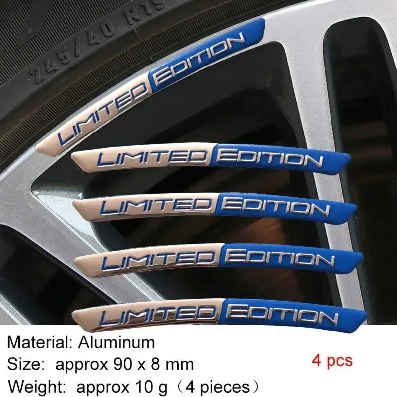 4PCS Aluminum Alloy Limited Edition Logo Car Hub Sticker Decal Tire Rim Decorative Strip Car Exterior General Accessories.