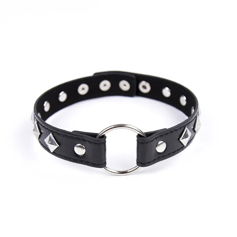 Sexy PU Leather Choker Collar for Women Gothic Punk Spike Heart O-Ring Bell Bondage Slave Neck Strap BDSM Role Play Accessory