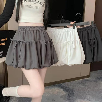 Zjaiss 2026 Summer Ballet Style Bow A-Line Women's Mini Skirts High Elastic Waist Tie Pleated Bud Balloon Skirt
