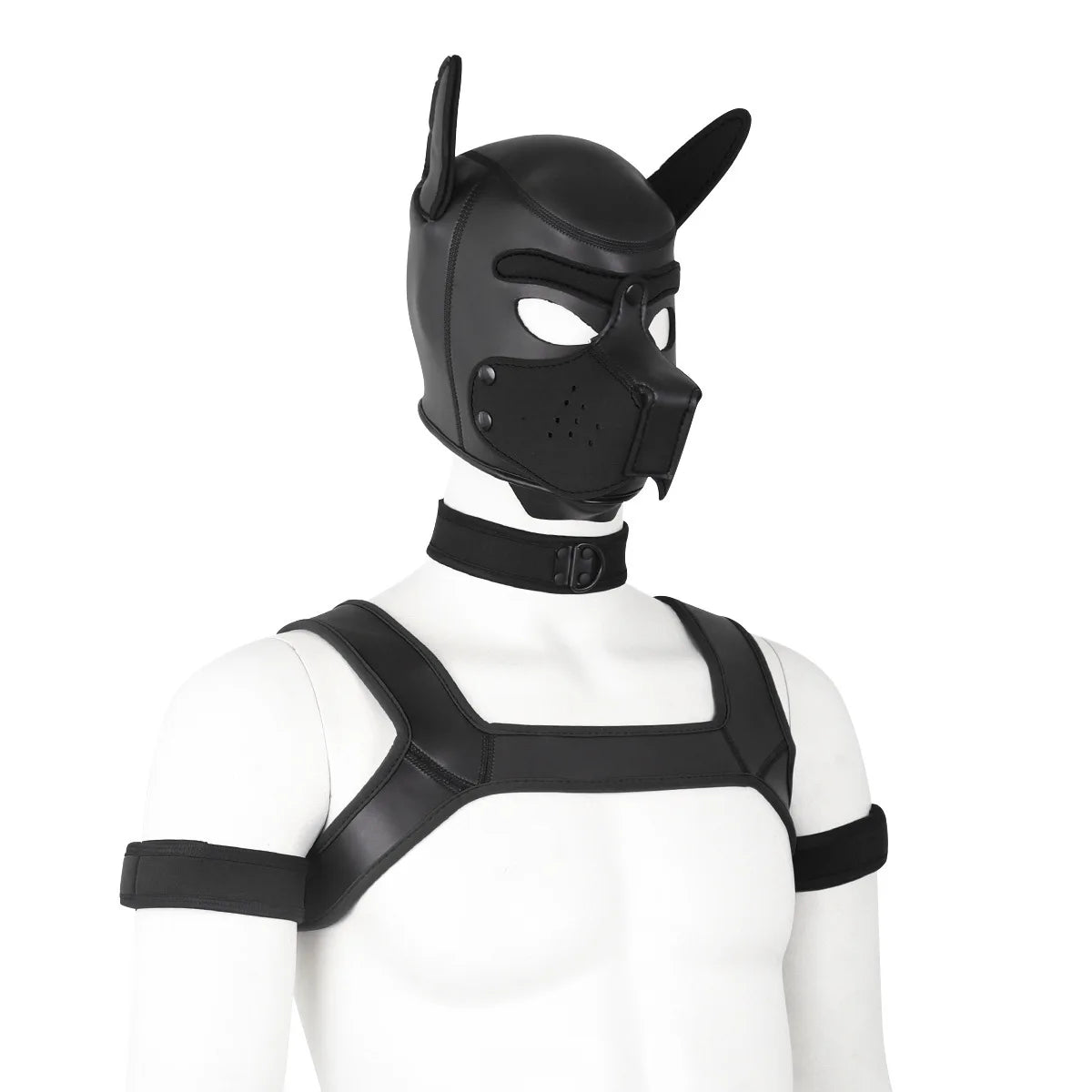 Large Size Puppy Cosplay Neoprene Fetish Hood Mask Kit with Chest Strap Collar Armband Sex Costumes for Bdsm Slave Role Play