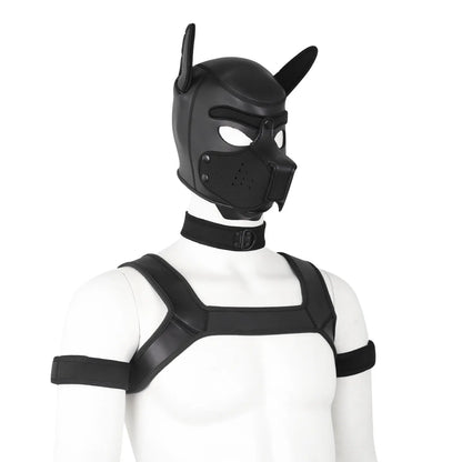 Large Size Puppy Cosplay Neoprene Fetish Hood Mask Kit with Chest Strap Collar Armband Sex Costumes for Bdsm Slave Role Play