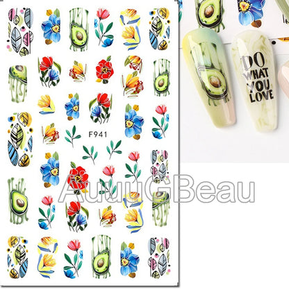 3d Nails Art Decals Spring Fruits Pink Full Tips Peony Magnolia Flowers Adhesive Sliders Stickers Decoration For Nails Manicure