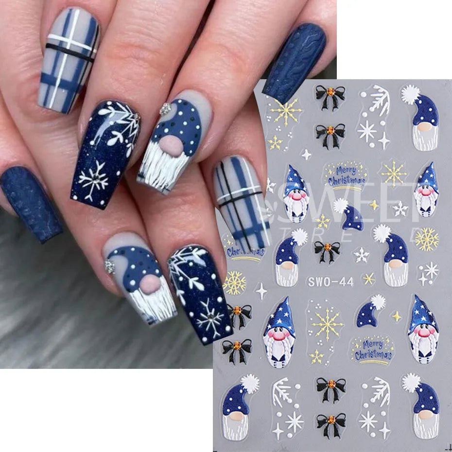 5D Embossed Christmas Nail Stickers Gingerbread Man Snowflake Snowman Penguin Nail Decal Autumn Winter Nail Supplies Decoration