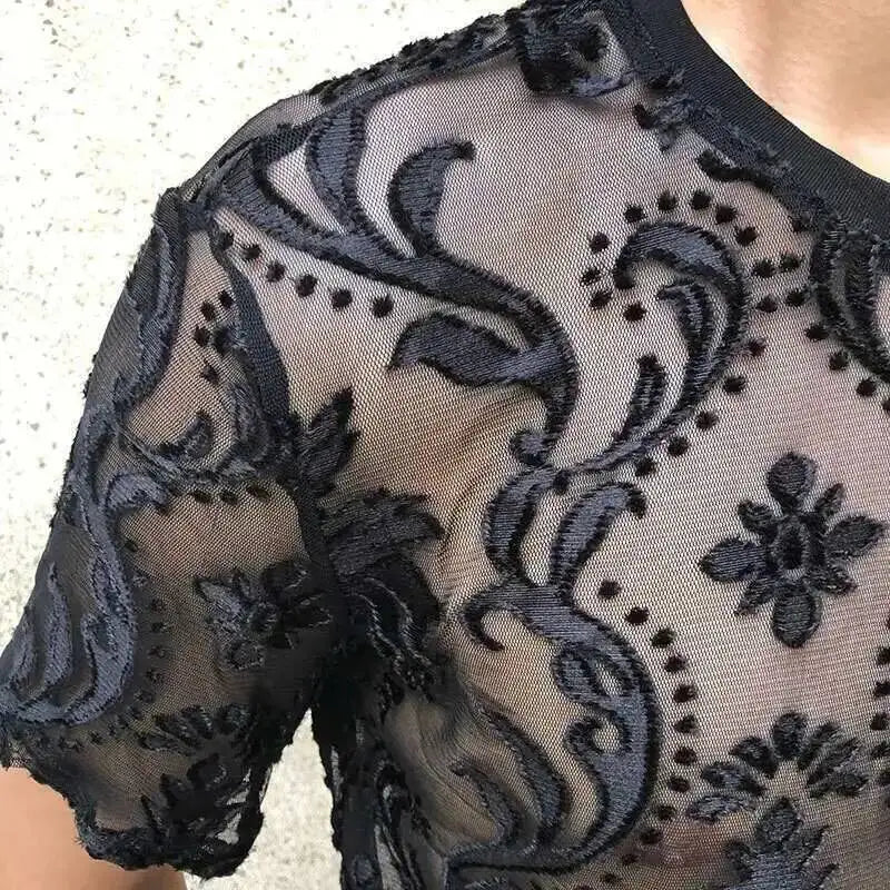 Sexy Round Neck T Shirt Soft Velvet Slim Men Clothing Nightclub Short-sleeved Top Quality Transparent Floral T Shirt See Through