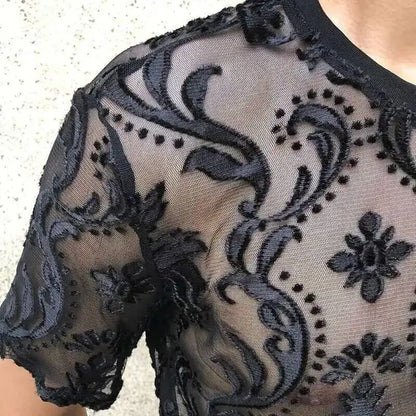 Sexy Round Neck T Shirt Soft Velvet Slim Men Clothing Nightclub Short-sleeved Top Quality Transparent Floral T Shirt See Through