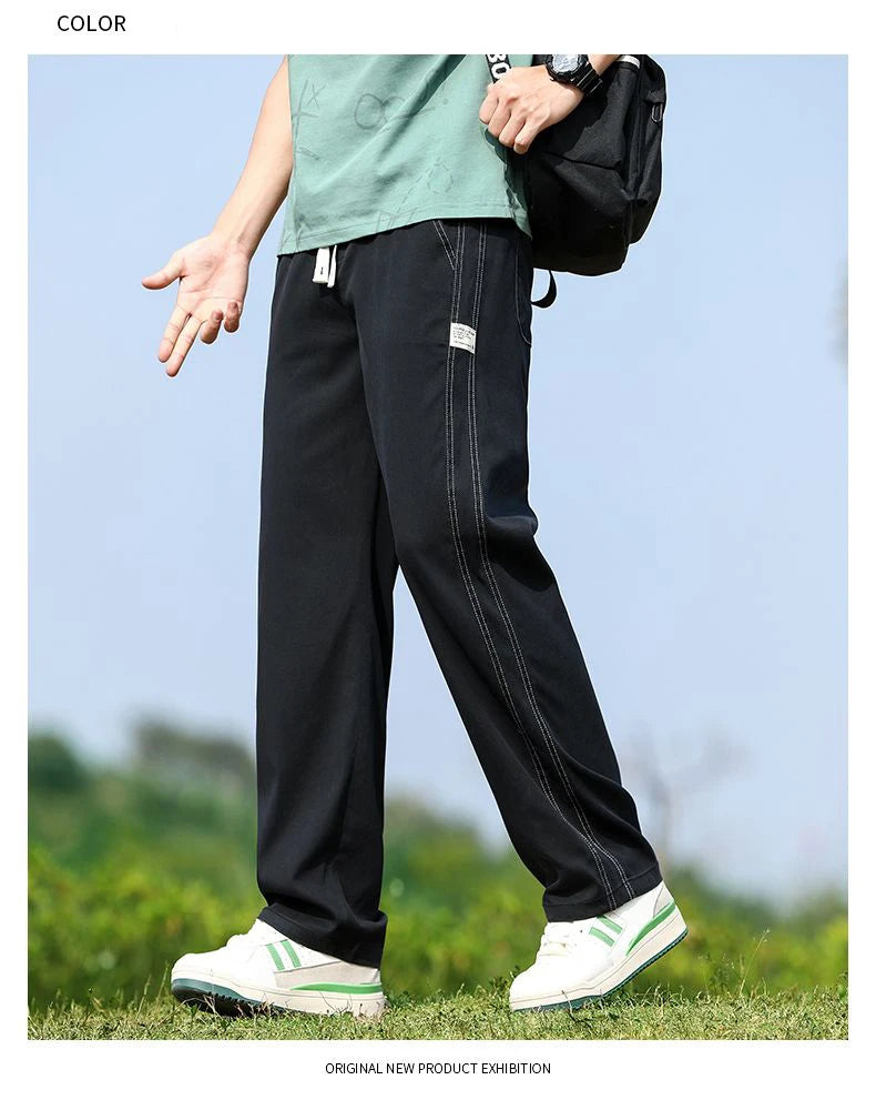 Men's Summer Soft Lyocell Fabric Jeans Thin Loose Straight Denim Pants Drawstring Elastic Waist Casual Trousers Plus Size M-5XL