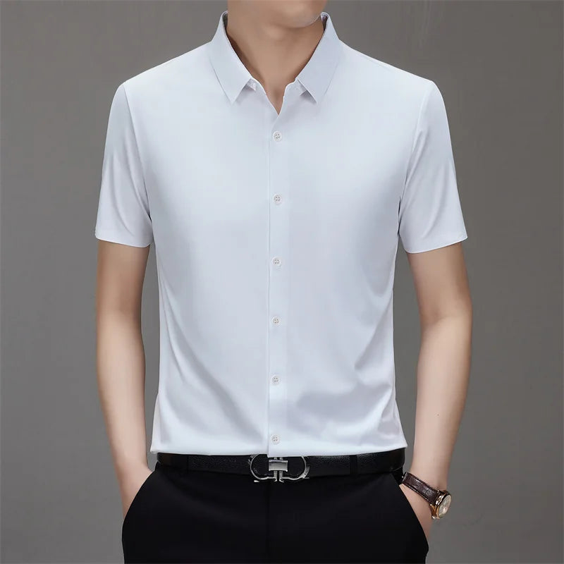 Men's Business Casual Solid Color Short Sleeve Shirt Summer Fashion No Ironing Comfortable Versatile Top for Men