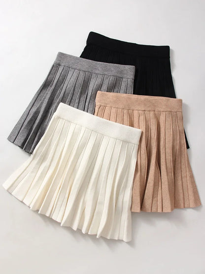 Autumn Knit White Mini Pleated Skirts For Women A Line Skirt Gray High Waist Women Knitted Pleated Short Skirts Korean Fashion