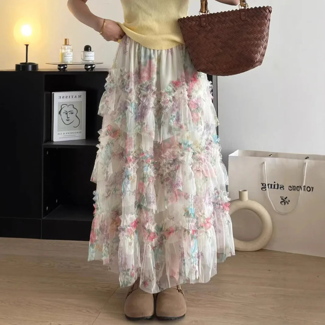Faldas Y2k Elastic Waist Floral Print Mesh Skirt Women Summer Beach Vacation Style Versatile Stitching A-line Elegant Long Skirt