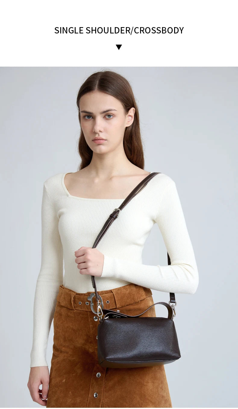 Luxury Women's Genuine Cowhide Leather Mini Shoulder Tote Bag Pebbled Leather Long Strap Underarm Handbag Minimalist Daily Purse