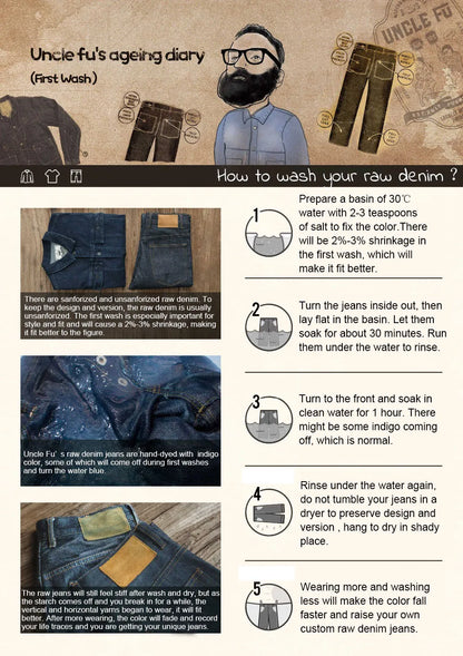 Maden Vintage Men's 15.6oz Selvedge Raw Denim Jeans Wide Leg Trousers with YKK Zipper Fly Straight Fit Jeans for Fall and Winter