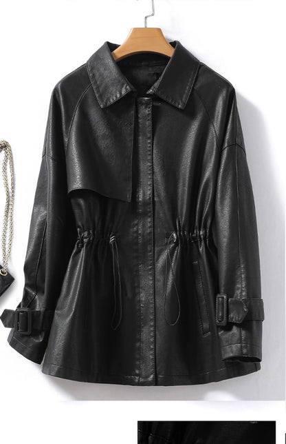 M-4XL Women's Sheepskin Coat Fashion Khaki Zipper Elastic Waist Female Long Sleeve Casual Loose Split Leather Jackets 2024 New