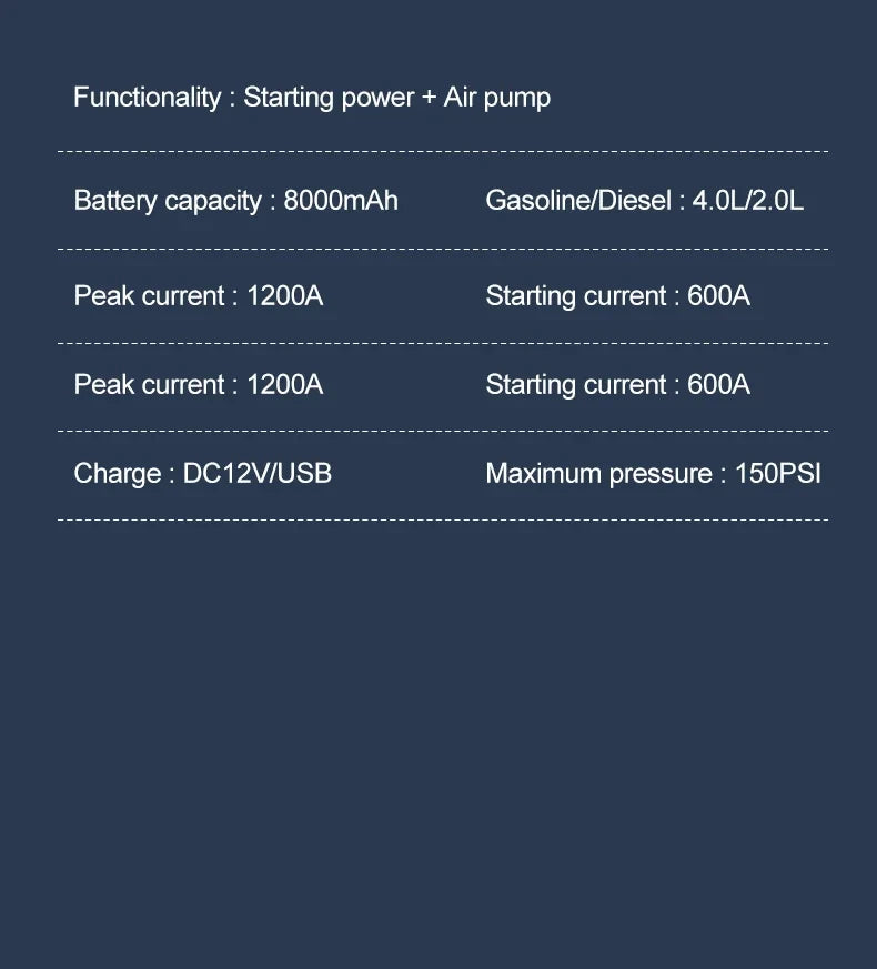 EAFC 1200A Car Jump Starter Air Pump Portable 2 in 1 Air Compressor Multi-function Tire Inflator Auto Portable Battery Starter