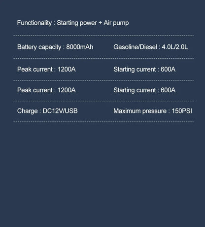 EAFC 1200A Car Jump Starter Air Pump Portable 2 in 1 Air Compressor Multi-function Tire Inflator Auto Portable Battery Starter