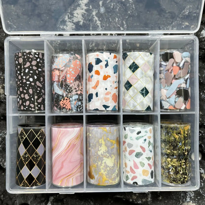 10 Patterns New Metal Nail Foils for Transfer Paper Stickers Floral Chameleon Nails Wraps DIY Water Marble Nail Art Decorations