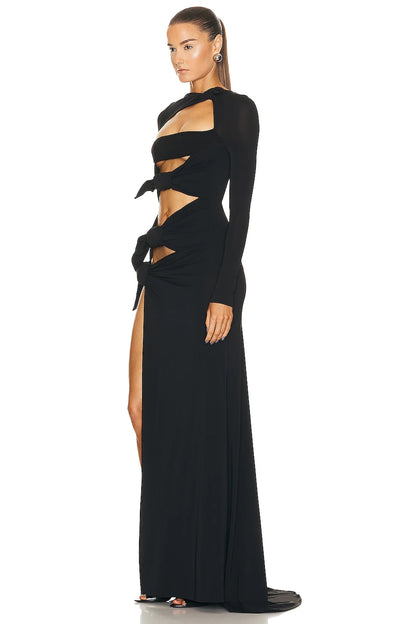 Sexy Hollow Out High Side Split See Through Mesh Long Sleeve Maxi Dress Luxury Brithday Prom Gown Party Club Fashion Dresses